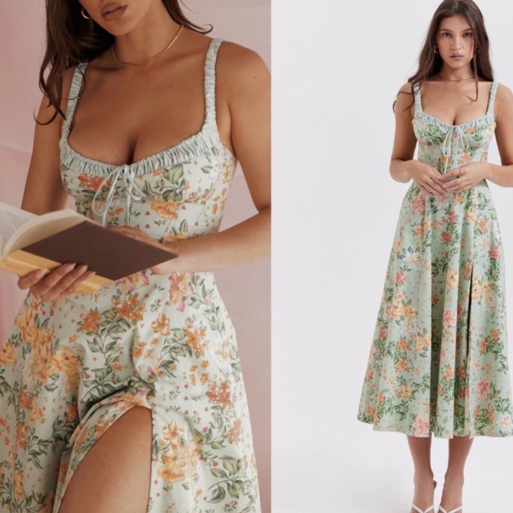 HOUSE OF CB 'Sabrina' Light Jade Print Bustier Sundress floral green S-Plus Cup